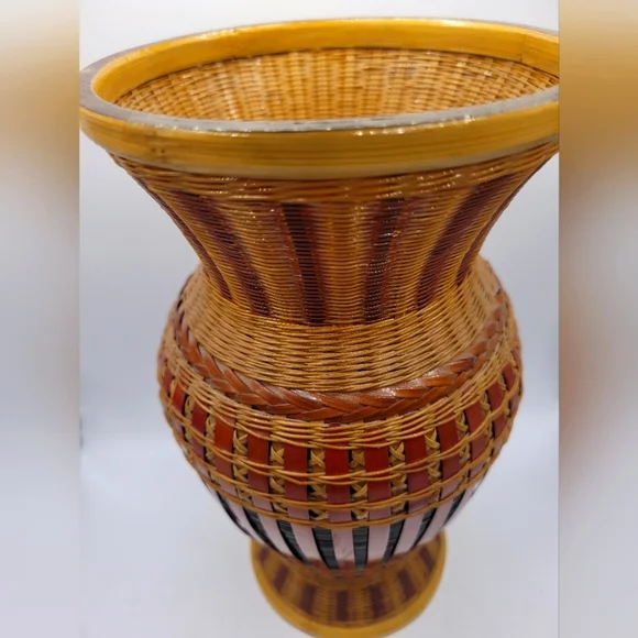 Vintage Sicilian Ratan 1970s Wooden Vase